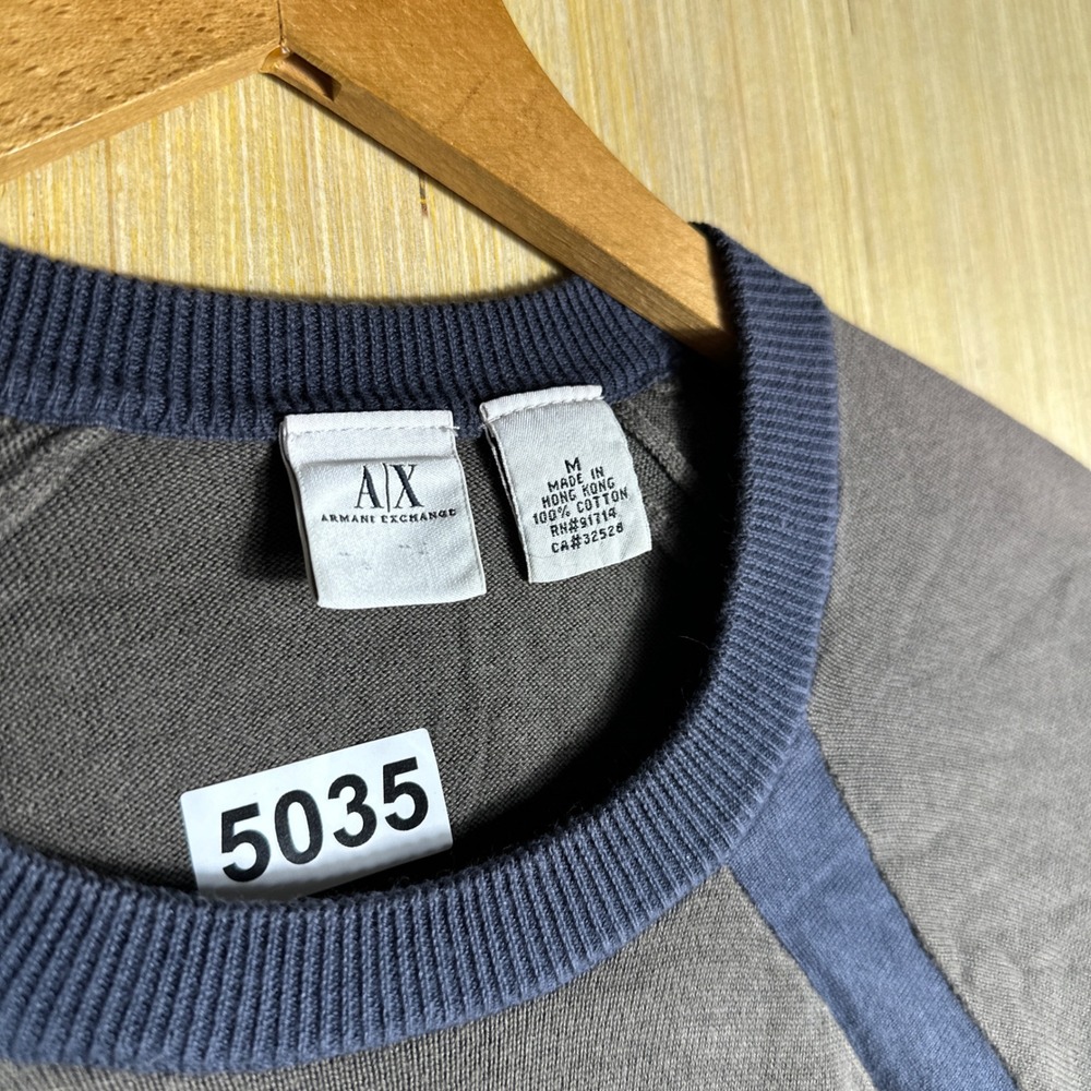 Armani Exchange Sweater Mens Medium Grey Blue 90s Stripe Raglan Long Sleeve - Picture 2 of 12